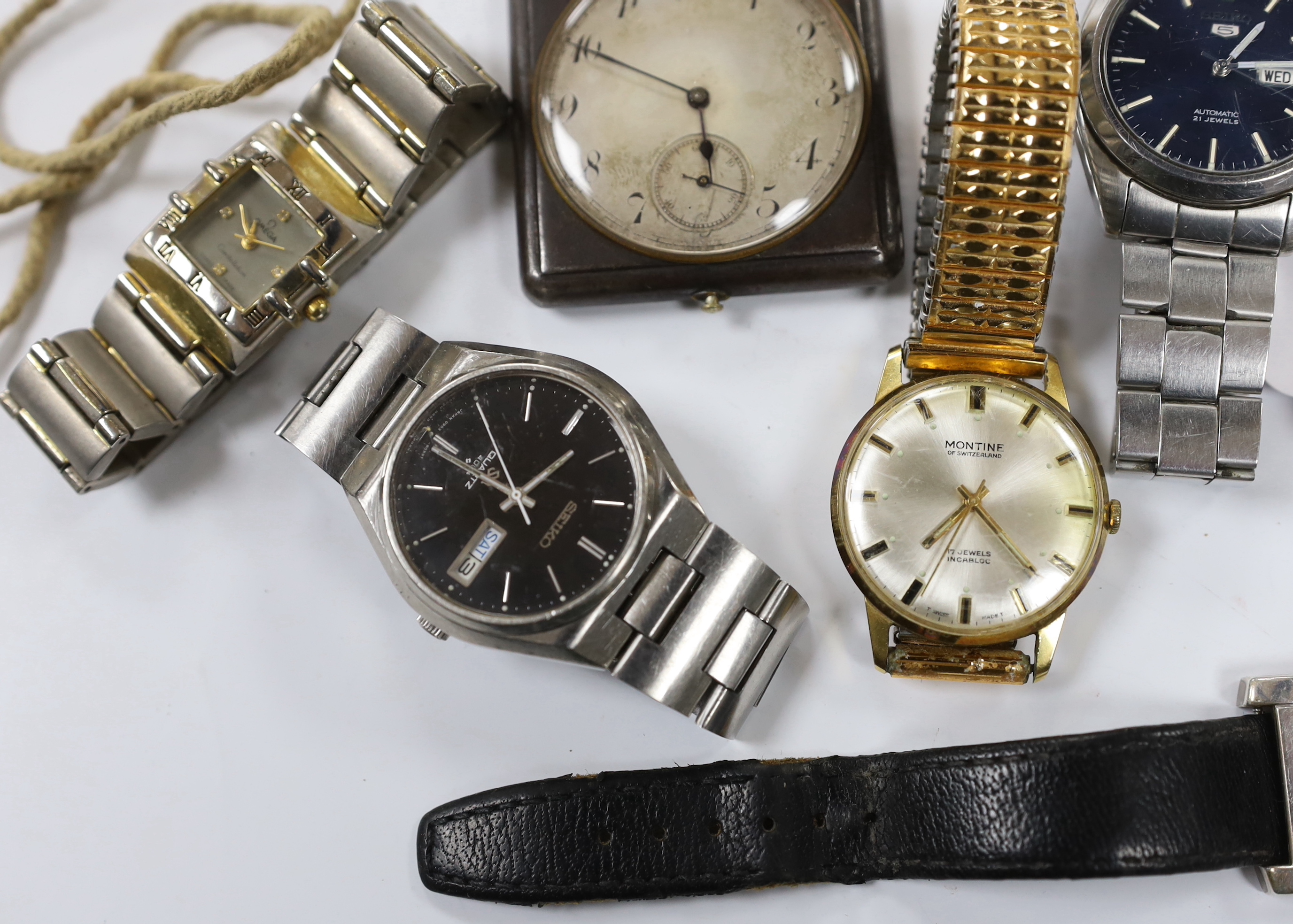 Six assorted gentleman's wrist watches including a Seiko Diashock automatic, two other Seiko watches and a sterling Rotary watch, together with a gun metal travelling timepiece and a 'Yachtsman' stop watch.